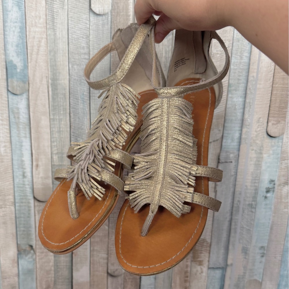 Anthropologie Gold Metallic Leather Fringe Gladiator Sandals Western Boho 8.5
